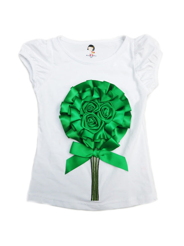Girls White Green 3D Flower Short Sleeve Shirt 4-8 - SophiasStyle.com